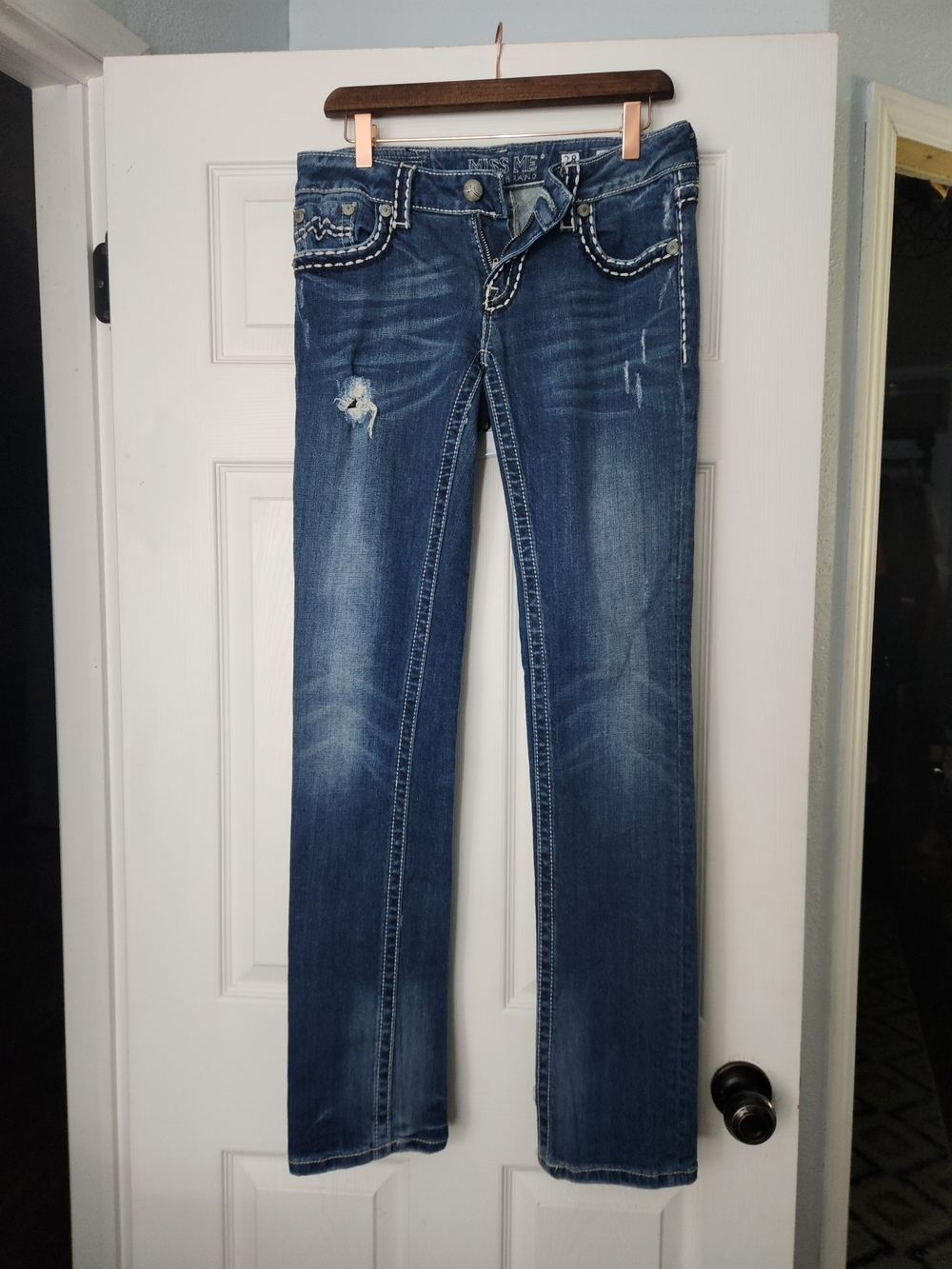 Miss Me Blue Straight Leg Jeans with Whiskered Fade